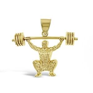14K Yellow Gold Weightlifter Pendant Charm Fitness Gym Sports Jewelry 1 inch